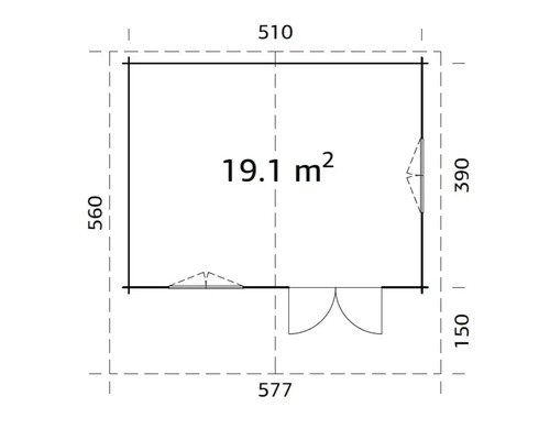 Grundrisszeichnung eines Gartenhauses mit den Maßen 510 x 577 cm und einer Fläche von 19,1 Quadratmetern