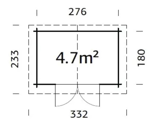 Grundrisszeichnung eines Gartenhauses mit den Maßen 276 x 332 x 233 x 180 Zentimeter und einer Fläche von 4,7 Quadratmetern