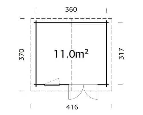 Grundriss eines Gartenhauses mit den Maßen 360 x 370 x 317 x 416 Zentimeter und einer Fläche von 11 Quadratmetern