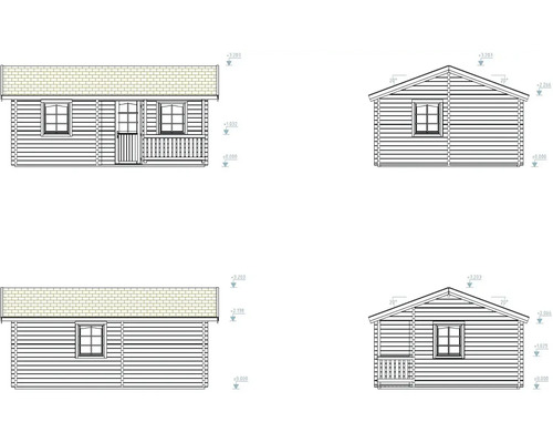 Technische Zeichnung eines Gartenhauses mit Tür und Fenster