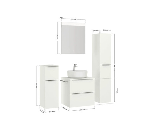 Maßzeichnung eines Badezimmersets mit Waschtisch, Waschbecken, Spiegelschrank und Hochschränken