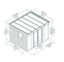 Illustration eines Gartenhauses mit Maßangaben.