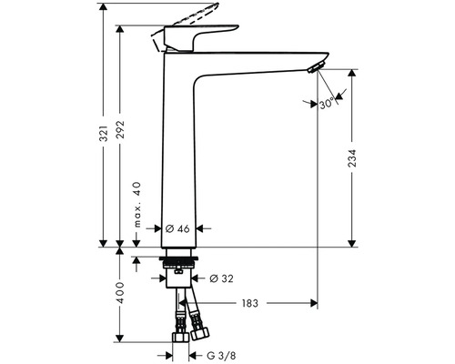 Maßzeichnung einer Waschtischarmatur mit den Maßen Höhe 321 mm, Ausladung 234 mm und Durchmesser 46 mm.