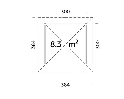 Grundrisszeichnung eines Gartenhauses mit einer Fläche von 8.3 Quadratmetern und den Abmessungen 300 mal 384 Zentimeter.