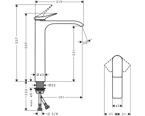 Technische Zeichnung einer Waschtischarmatur mit Maßangaben