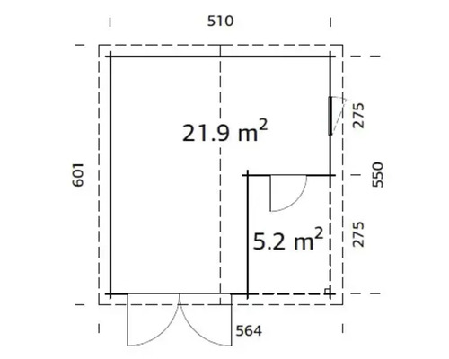 Grundriss eines Gartenhauses mit Größenangaben in Metern