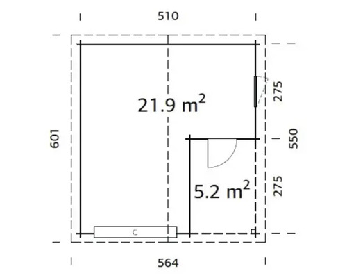 Grundrisszeichnung eines Gartenhauses mit den Maßen 510 x 564 x 601 cm und einer Gesamtfläche von 27,1 Quadratmetern.