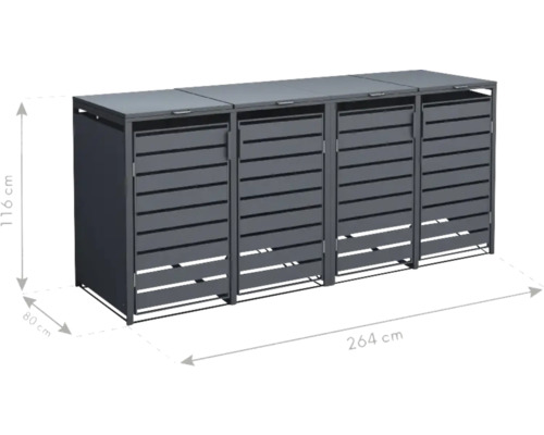 Mülltonnenbox für vier Mülltonnen, Gesamtgröße 264 mal 80 mal 116 Zentimeter