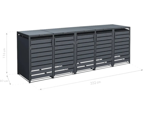 Mülltonnenbox für fünf Mülltonnen, mit den Maßen 332 x 80 x 116 cm