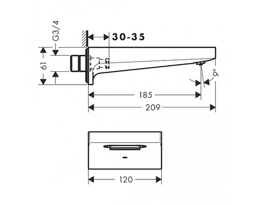 Technische Zeichnung einer Waschtischarmatur mit Maßangaben.