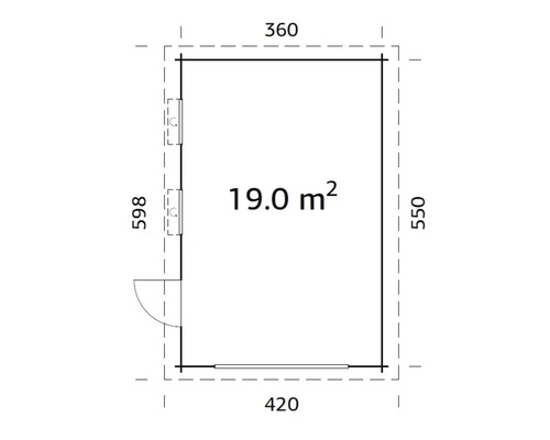 Grundriss mit Maßangaben: 360 x 420 x 550 x 598 cm, Fläche 19,0 Quadratmeter