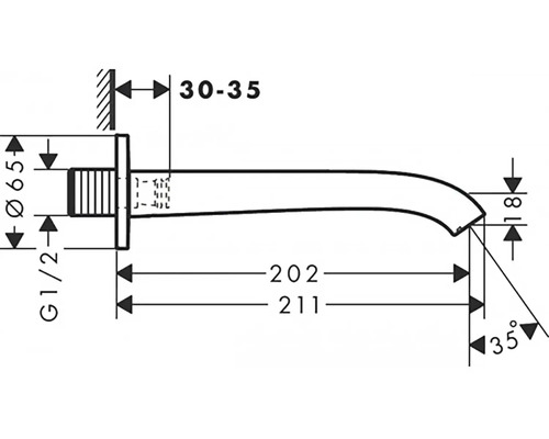 Technische Zeichnung eines Wandauslaufs mit Maßen