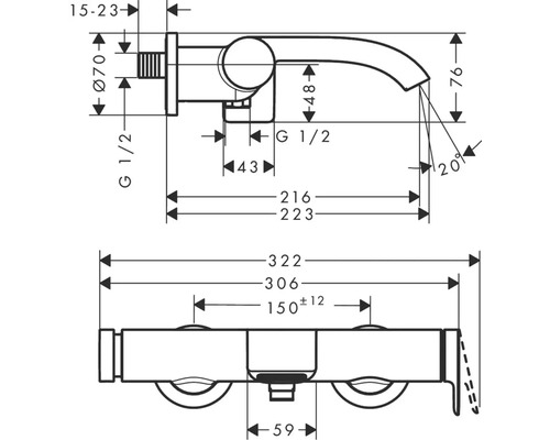 Technische Zeichnung einer Armatur mit Maßangaben