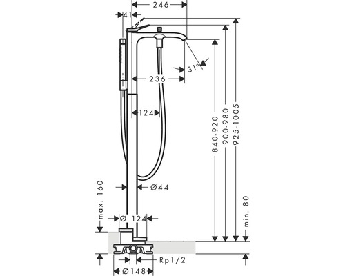 Technische Zeichnung einer freistehenden Badewannenarmatur mit Maßangaben