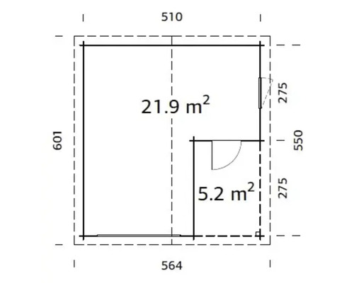 Grundrisszeichnung eines Gartenhauses mit Maßangaben