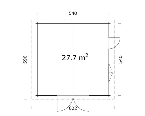 Grundriss eines Gartenhauses mit den Maßen 540 x 596 cm und einer Fläche von 27,7 Quadratmetern.