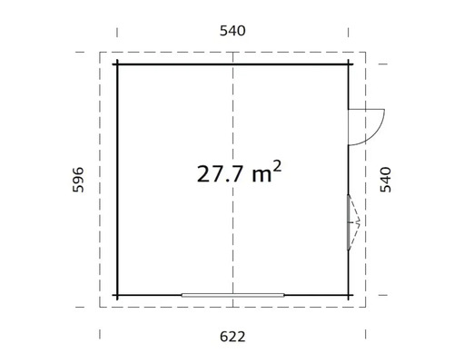 Grundrisszeichnung eines Gartenhauses mit den Maßen 540 x 622 x 596 cm und einer Fläche von 27,7 m²