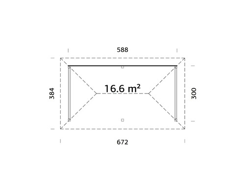 Grundrisszeichnung mit Maßangaben 588, 672, 384, 300 und 16,6 Quadratmeter