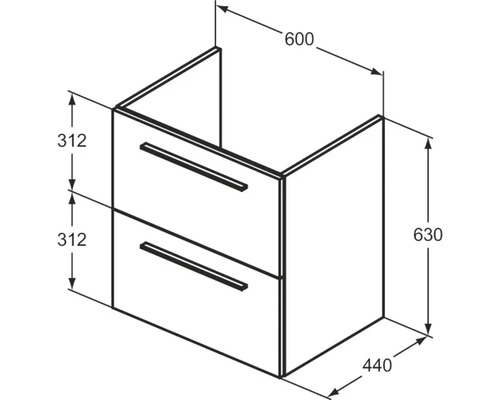 Zeichnung eines Waschtischunterschranks mit Maßangaben