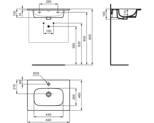 Technische Zeichnung eines Waschbeckens mit Maßangaben
