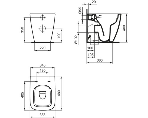 Technische Zeichnung eines Wand-WCs mit Maßangaben