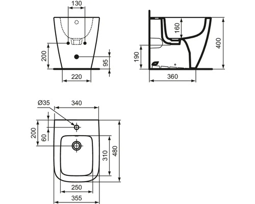 Technische Zeichnung eines Bidets mit Maßangaben.