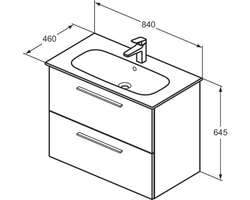 Zeichnung eines Waschtischunterschranks mit Waschbecken und Armatur, einschließlich Maßangaben