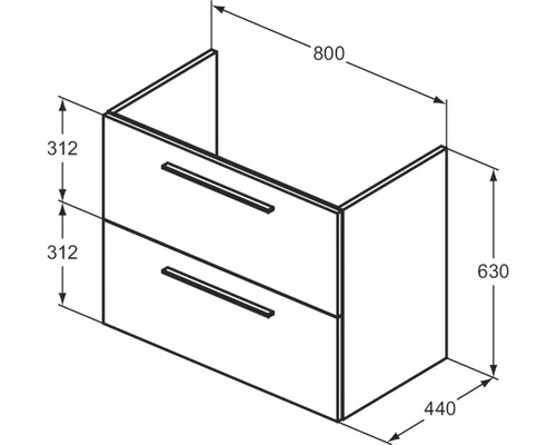 Technische Zeichnung eines Waschtischunterschranks mit zwei Schubladen und Maßangaben