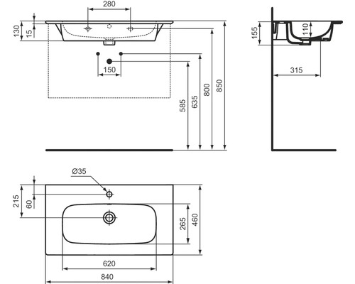 Technische Zeichnung eines Waschbeckens mit Maßangaben