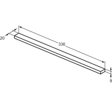 Technische Zeichnung eines Profils mit Maßangaben: 336 mm Länge, 20 mm Breite und 9 mm Höhe.