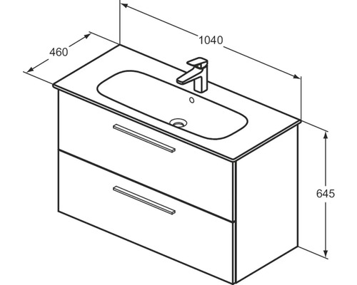 Waschtischunterschrank mit Waschbecken und Abmessungen.