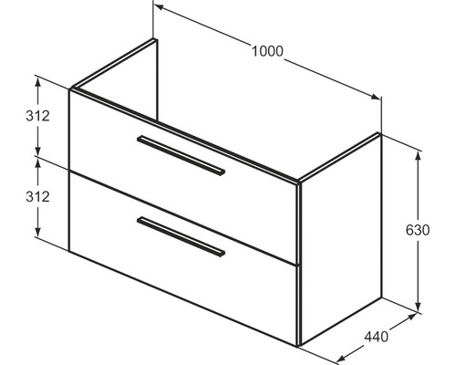 Technische Zeichnung eines Waschtischunterschranks mit zwei Schubladen und Maßangaben.