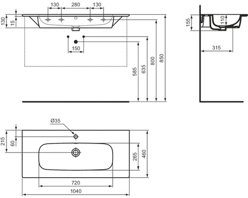 Technische Zeichnung eines Waschtisches mit Maßangaben