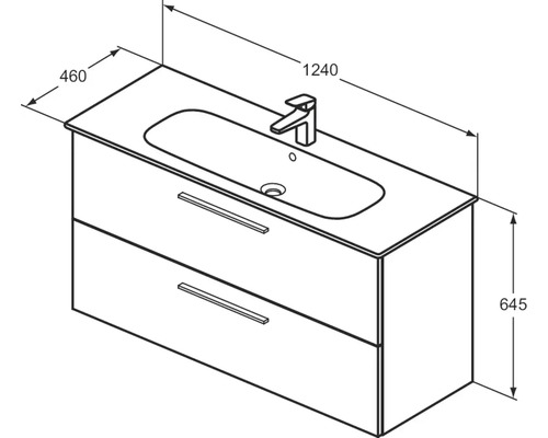 Technische Zeichnung eines Waschtischunterschranks mit Waschbecken, Armatur und Schubladen mit Maßangaben.