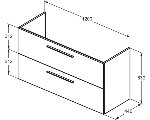 Zeichnung eines Badezimmerunterschranks mit zwei Schubladen und Maßangaben.