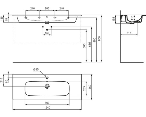 Technische Zeichnung eines Waschtisches mit Maßangaben
