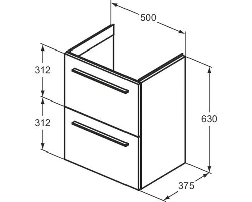 Zeichnung eines Waschtischunterschranks mit zwei Schubladen und Maßangaben