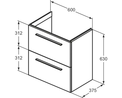 Zeichnung eines Waschtischunterschranks mit Schubladen und Maßangaben