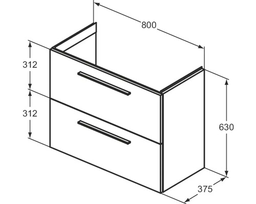 Zeichnung eines Waschtischunterschranks mit zwei Schubladen und Maßangaben