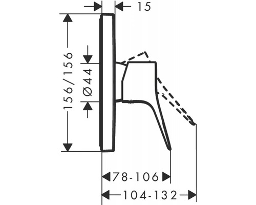 Technische Zeichnung eines Wasserhahns mit Maßangaben
