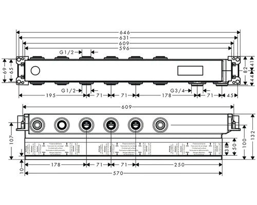 Technische Zeichnung einer Duscharmatur mit Maßangaben