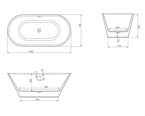 Technische Zeichnung einer Badewanne mit Maßangaben
