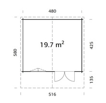 Grundriss mit Maßangaben und einer Fläche von 19,7 Quadratmetern