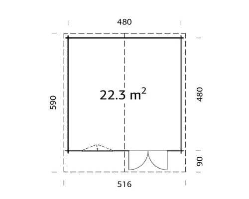 Grundriss des Gartenhauses mit einer Fläche von 22.3 Quadratmetern und den Maßen 516 mal 480 Zentimeter