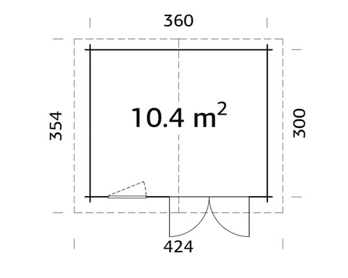 Grundriss eines Gartenhauses mit Maßangaben und einer Fläche von 10,4 Quadratmetern
