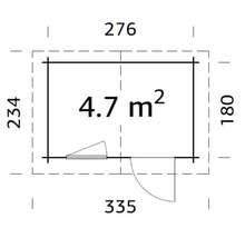 Grundriss eines Gartenhauses mit einer Fläche von 4,7 Quadratmetern und den Maßen 276 mal 234 Zentimeter