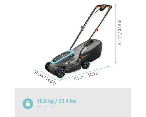 Gardena Akku Rasenmäher mit Maßen und Gewicht