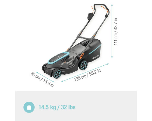 Gardena Akku-Rasenmäher mit Maßangaben