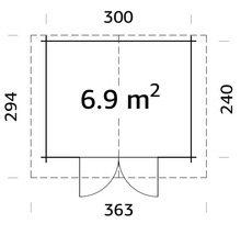 Grundriss eines Gartenhauses mit den Maßen 300 x 240 Zentimeter und einer Fläche von 6,9 Quadratmetern