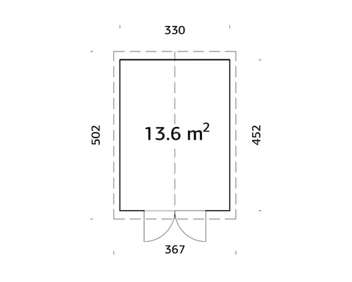 Grundriss mit Maßangaben: 13.6 Quadratmeter, 330 x 502 x 367 x 452